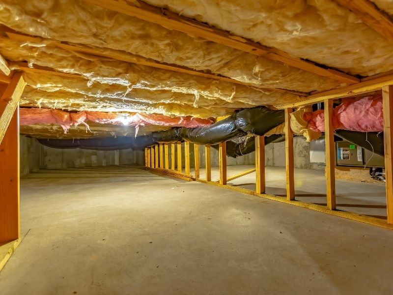 Basement or crawl space with upper floor insulation and wooden support beams